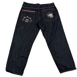 Vintage Y2K Knockout Jeans Mens 42x32 Dark Baggy Fit Stitch Embroidered Denim